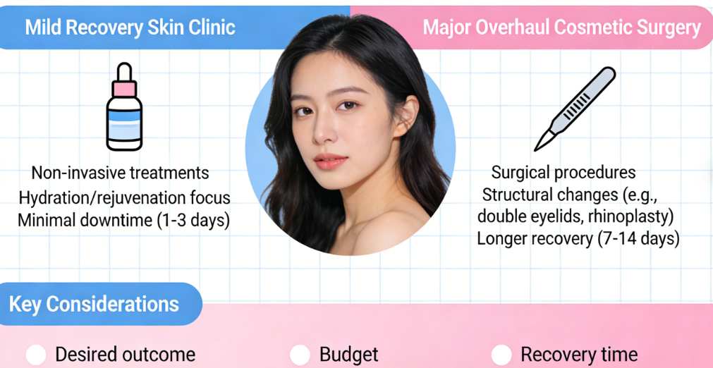 Klinik Kulit Korea vs Klinik Pembedahan Plastik: Mana Yang Lebih Baik? Klinik kulit untuk masa pemulihan yang singkat, pembedahan plastik untuk perubahan penampilan yang lebih drastik.插图